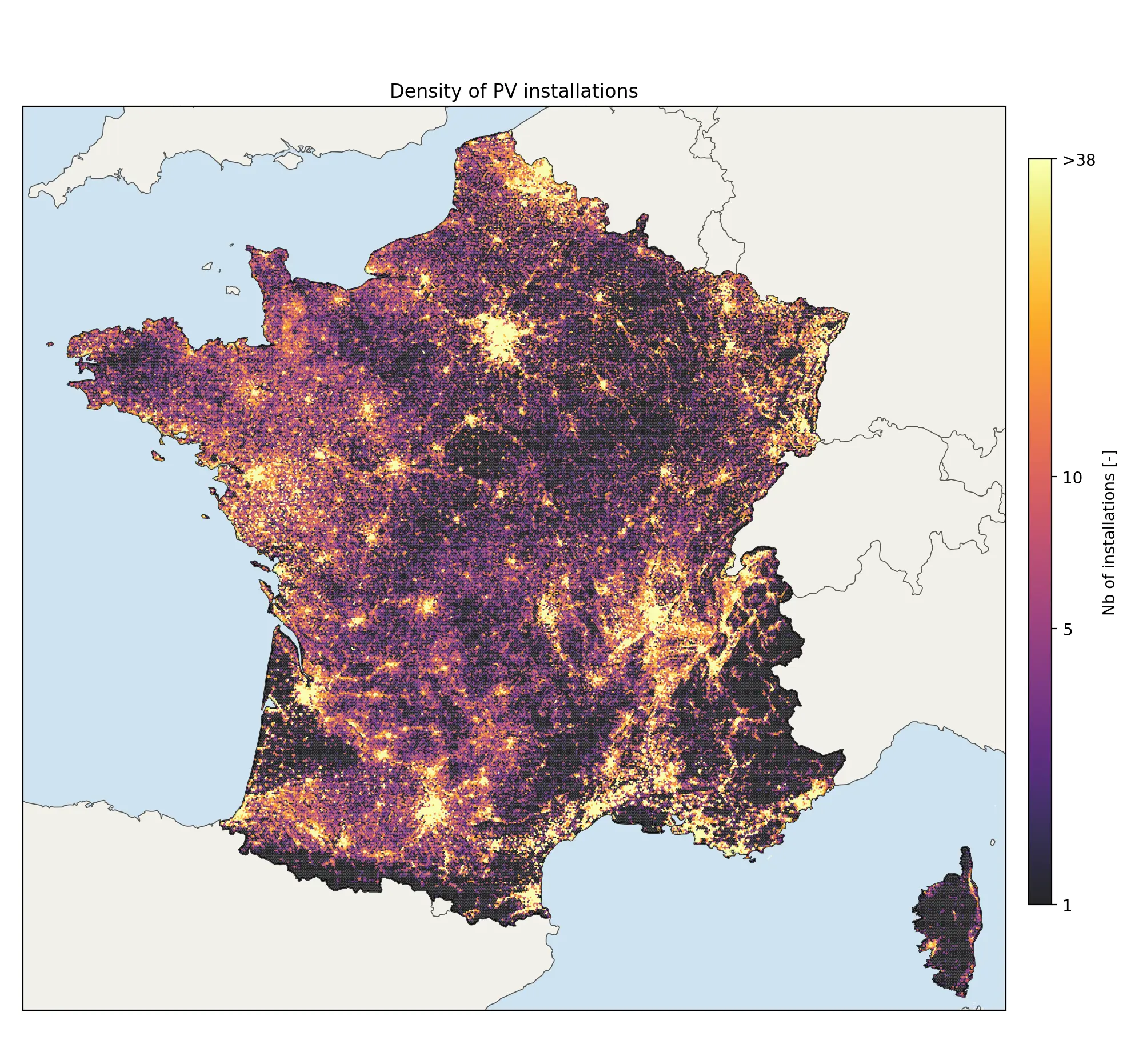Density of PV installations recorded in OpenPVMapper, by hexagonal grid cell, across mainland France
