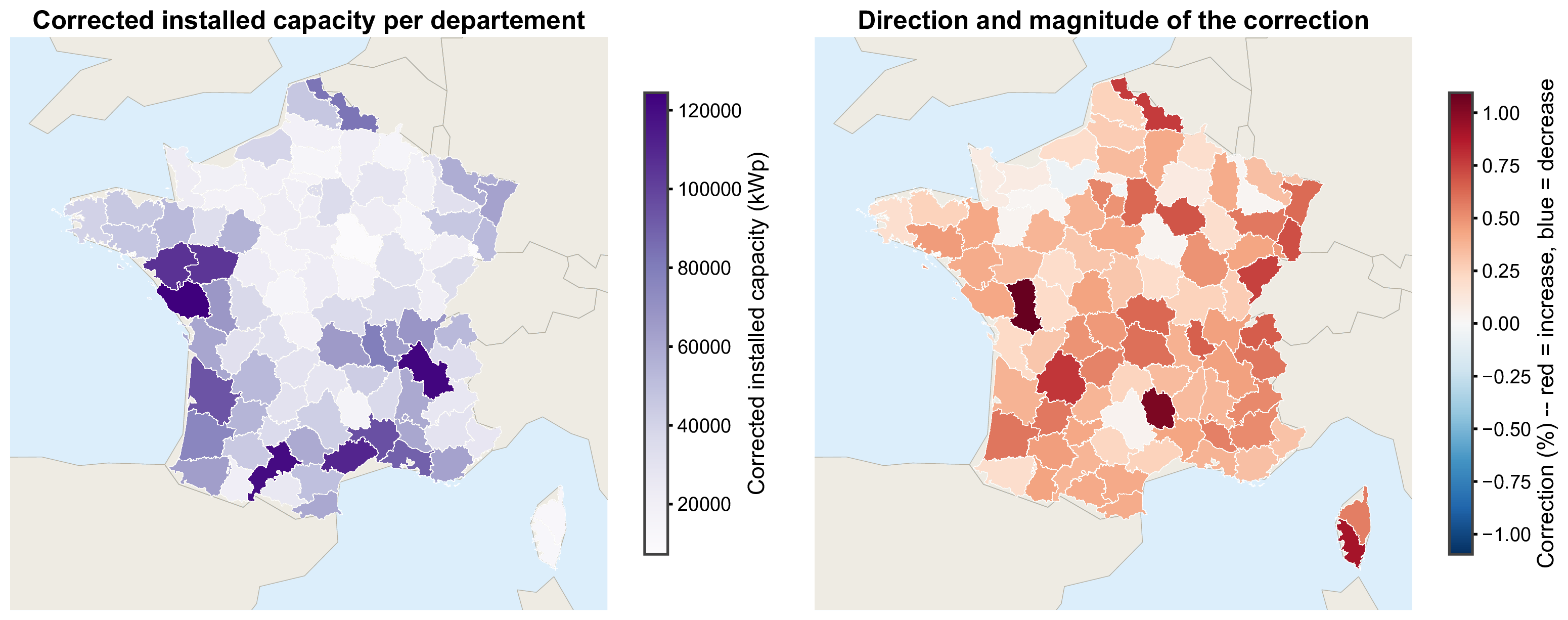 Posterior distributions of corrected installed capacity for three départements, with the registry value overlaid