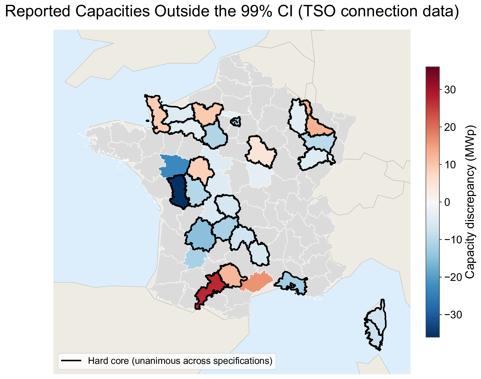 Départements flagged as under- or over-reported against the TSO's connection data